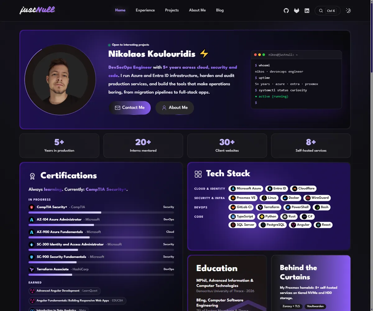 The justNull homepage: profile, tech stack and projects in a dark purple theme.