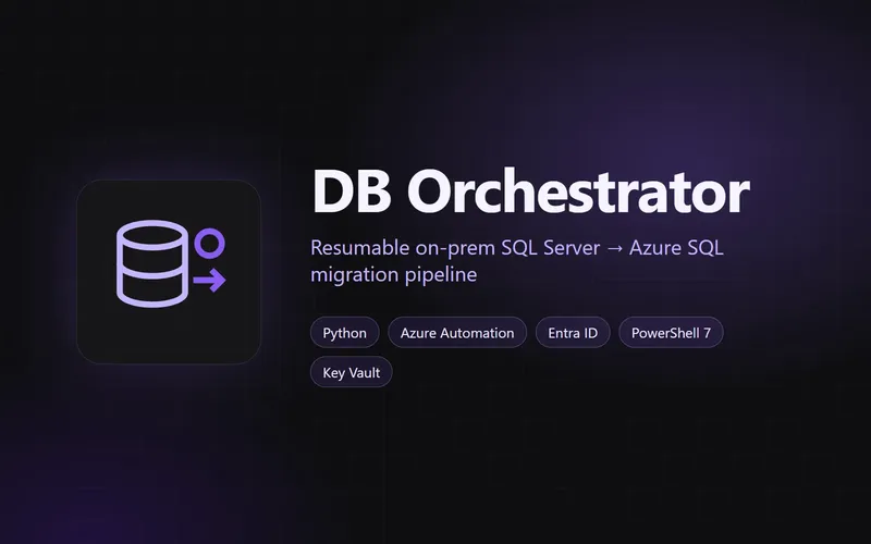 DB Orchestrator title card: resumable on-prem SQL Server to Azure SQL migration pipeline.