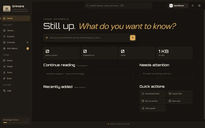 Grimoire home screen: sidebar with Library, Acquire, Archives, Wiki Watch, Notes, Graph and Brain, and an 'Ask your second brain' prompt.