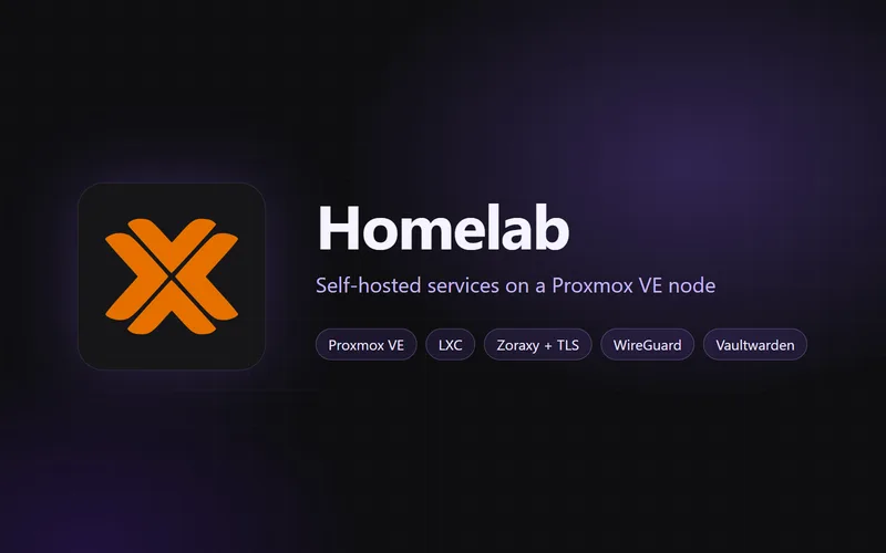 Homelab title card with the Proxmox logo: self-hosted services on a Proxmox VE node.