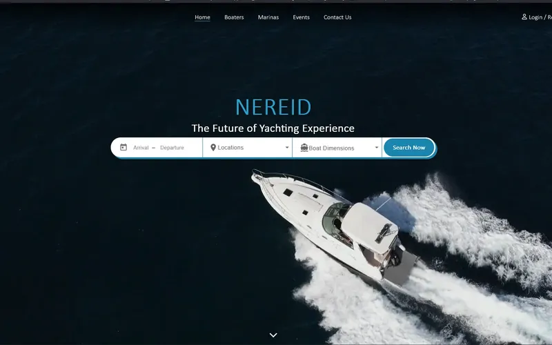Nereid homepage: a speedboat on dark water with a berth search for arrival, departure, location and boat dimensions.
