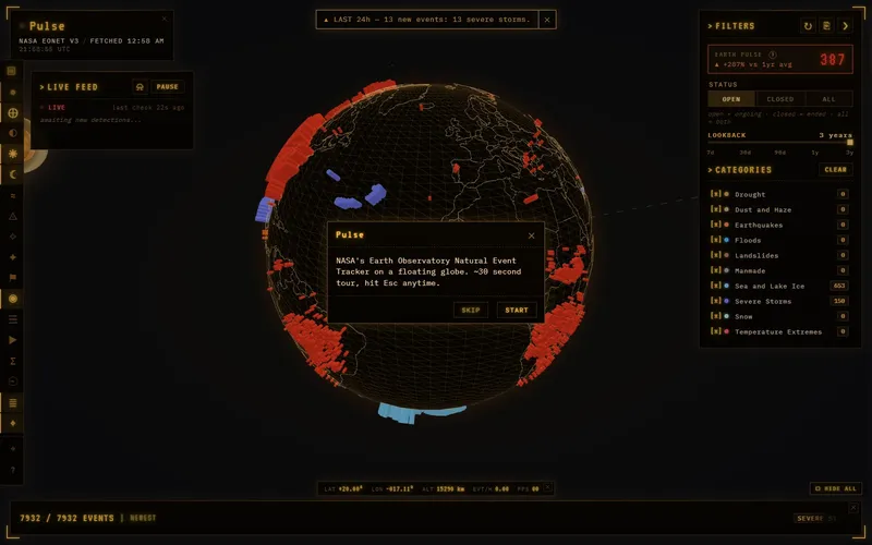Pulse: a wireframe 3D globe covered in live NASA EONET events, with filter and live-feed panels.