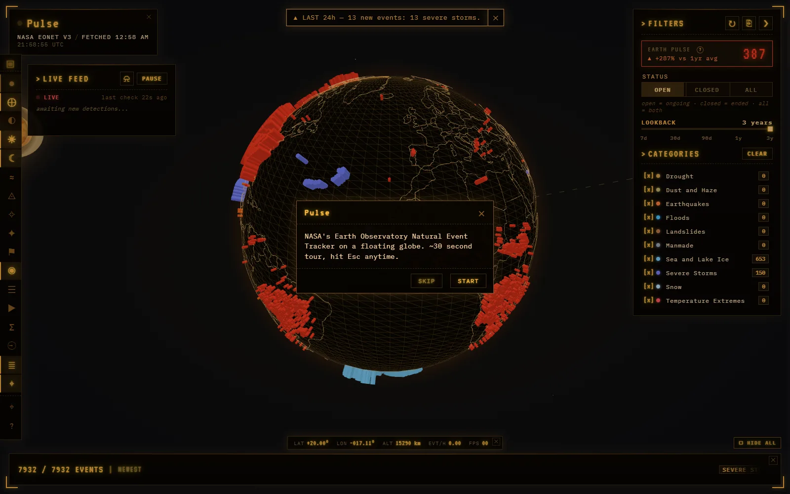 Pulse: a wireframe 3D globe covered in live NASA EONET events, with filter and live-feed panels.