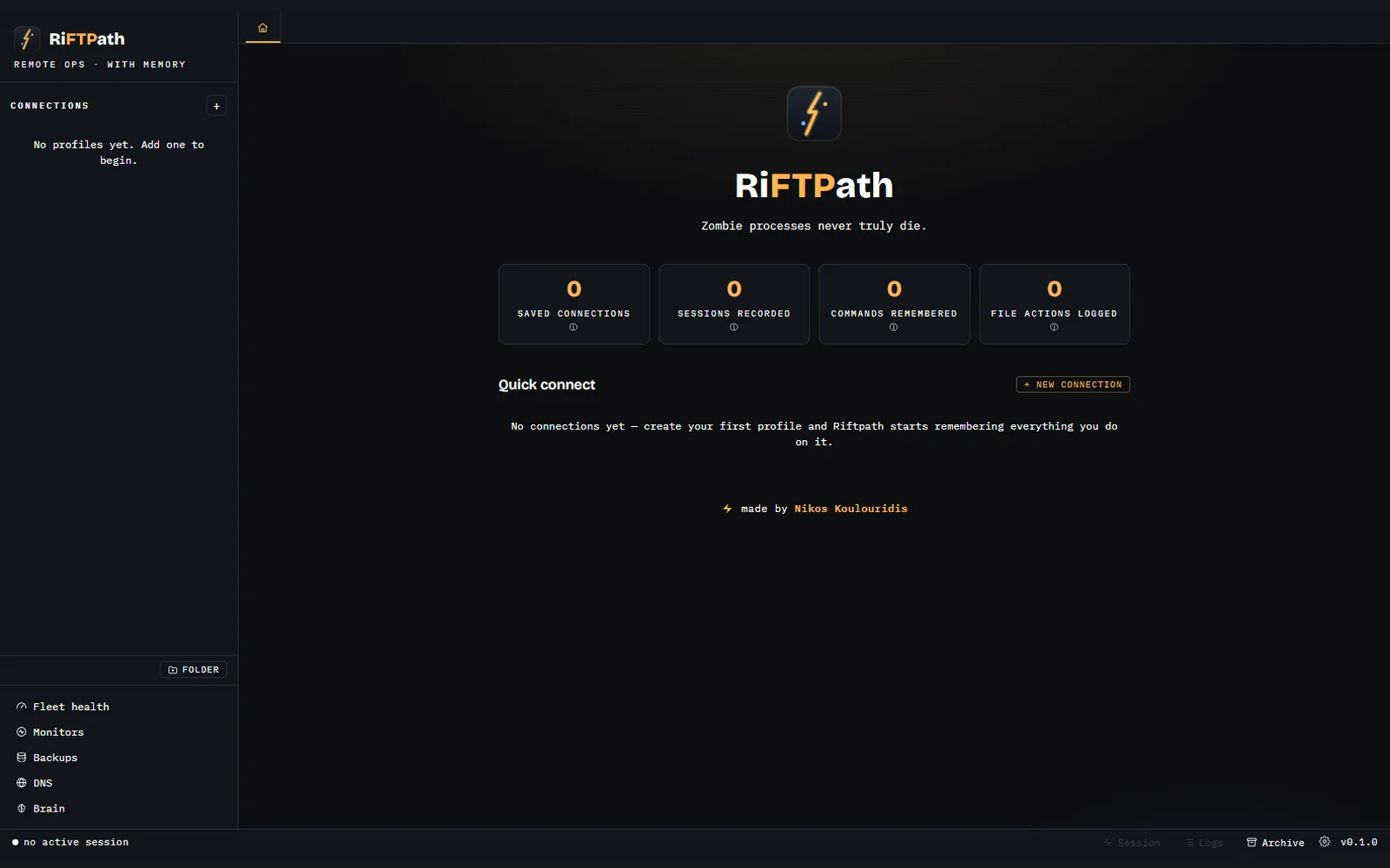 Riftpath home screen: connections sidebar, counters for saved connections, sessions, commands and file actions, and fleet, monitor, backup, DNS and Brain tools.