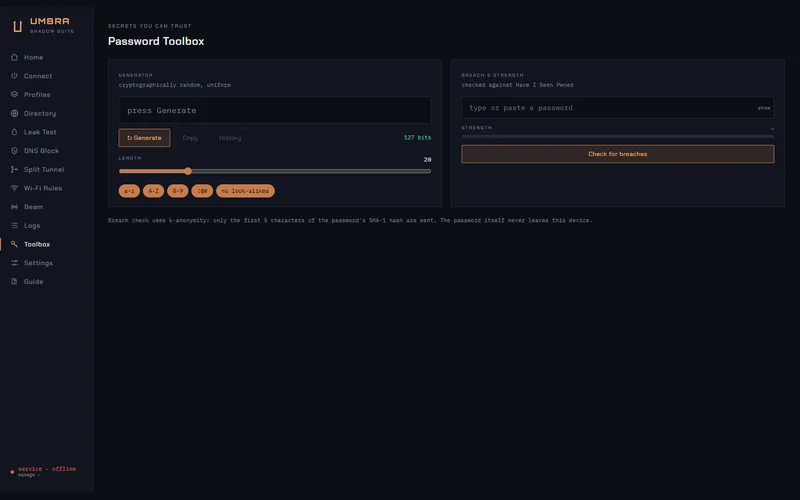 Umbra's Password Toolbox: a cryptographically random password generator next to a Have I Been Pwned breach and strength check.