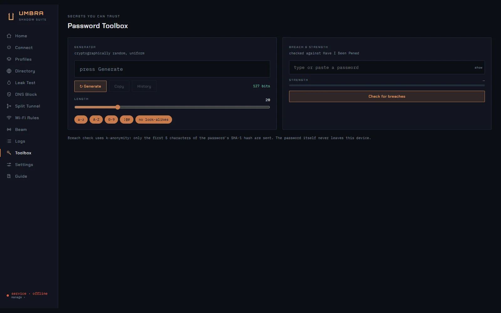 Umbra's Password Toolbox screen, showing the app's sidebar with Connect, Directory, Leak Test and DNS Block.